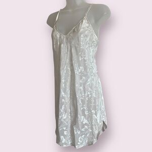 Vintage Satin Floral Slip Dress White Mini Lingerie Style Size S